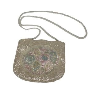 Vintage La Regale Cream/Pink/Blue Fully Beaded Zip Up Purse Floral Braided Strap